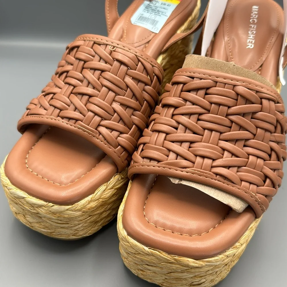 Marc Fisher Tan Woven Leather Espadrille Wedge Sandals